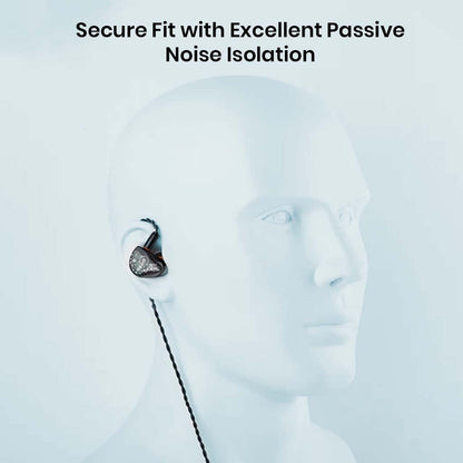ZiiGaat Arcanis IEM worn by mannequin, demonstrating secure fit and excellent passive noise isolation for immersive listening.