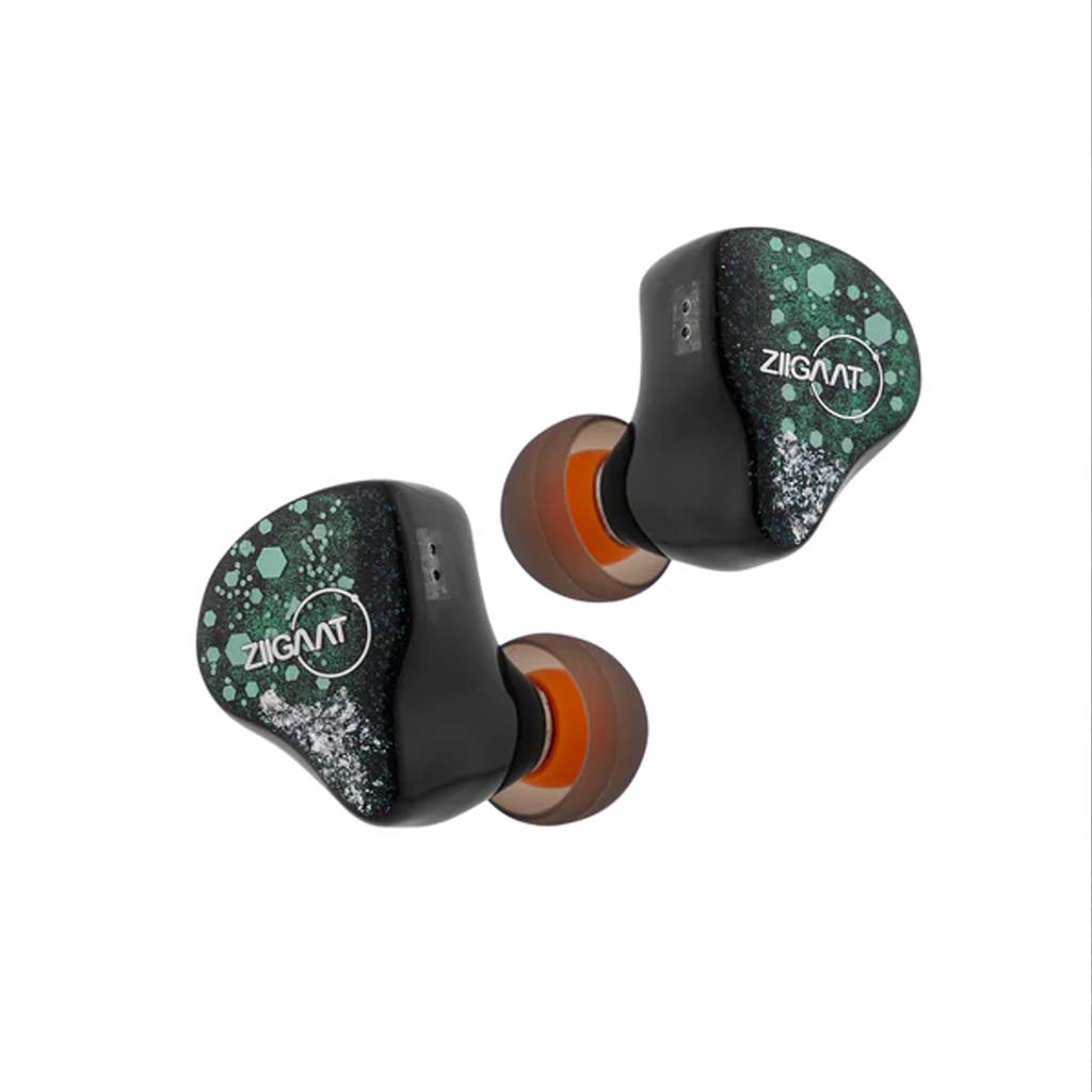 Close-up of ZiiGaat Arcanis IEM showcasing ergonomic design and dual-tone eartips, ideal for immersive in-ear listening experience.