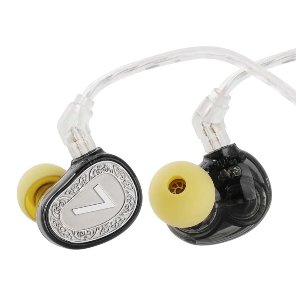 7HZ - Elua Ultra Dual Dynamic Driver IEM with transparent housing and silver faceplate, featuring yellow silicone ear tips for high-fidelity audio.