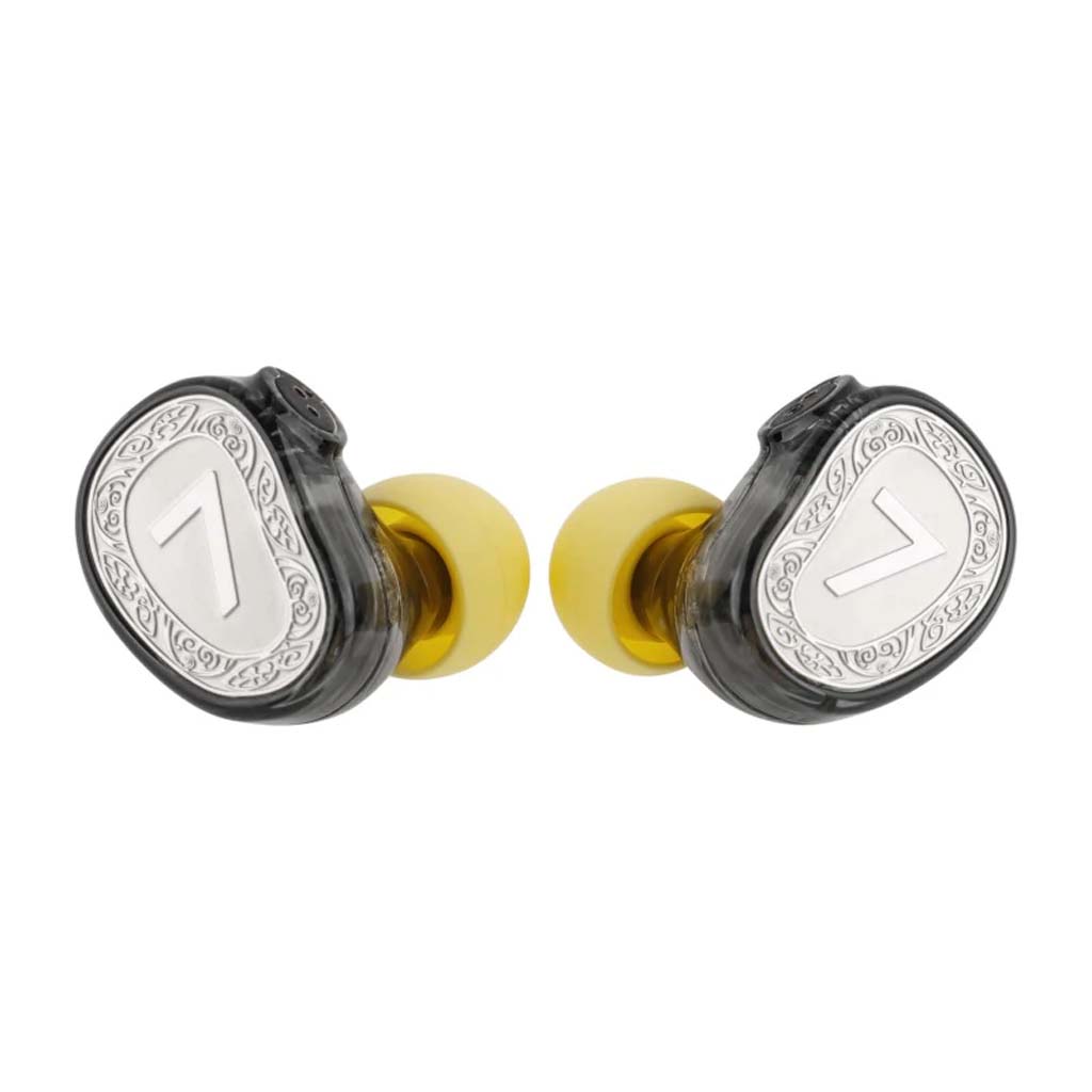 7HZ - Elua Ultra Dual Dynamic Driver IEM with silver faceplates and yellow ear tips, designed for audiophiles and gamers seeking immersive sound.