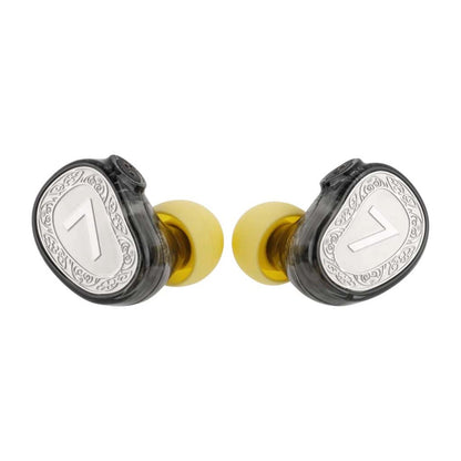 7HZ - Elua Ultra Dual Dynamic Driver IEM with silver faceplates and yellow ear tips, designed for audiophiles and gamers seeking immersive sound.