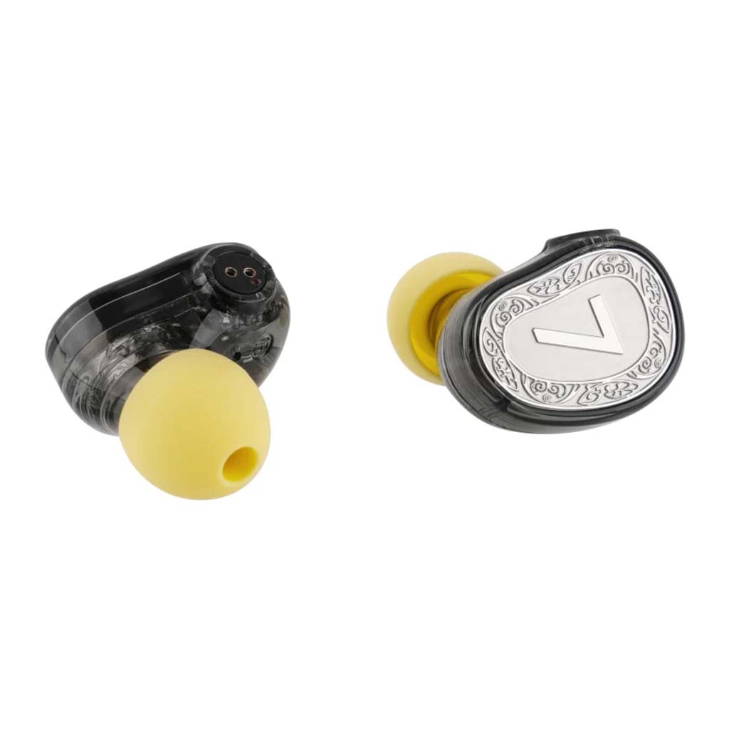 7HZ - Elua Ultra Dual Dynamic Driver IEM with yellow silicone ear tips and silver faceplate, designed for audiophiles and gamers seeking immersive sound.