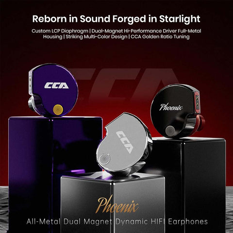 CCA Phoenix Dual Magnet Dynamic Driver IEM in three color variants with full-metal housing, designed for audiophiles and musicians.