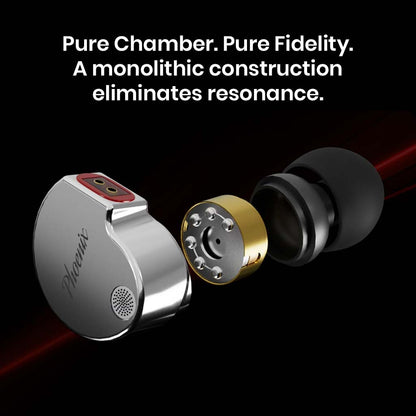 Exploded view of CCA Phoenix IEM showcasing monolithic chamber design for resonance-free, high-fidelity sound.