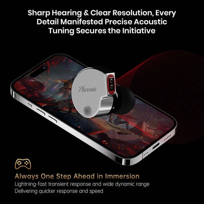 CCA Phoenix IEM placed on smartphone, highlighting fast transient response and immersive gaming audio.