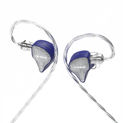 EarAcoustic X Zkaaai Cipher 10mm dynamic driver in-ear monitors with nano-crystal ceramic faceplates and silver braided cables.
