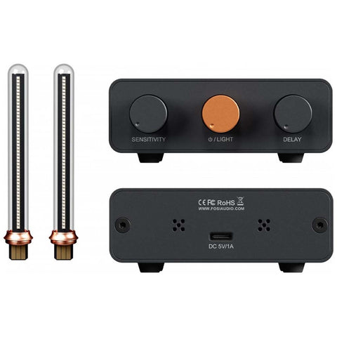Front and rear views of Fosi Audio - AH-01A Music Rhythm Visualizer Light showing USB-C port, dual LED tubes, and adjustable control knobs for lighting effects.
