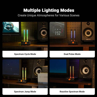 Fosi Audio - AH-01A Music Rhythm Visualizer Light displaying four lighting modes: Spectrum Cycle, Dual Pulse, Spectrum Jump, and Reactive Spectrum for dynamic ambiance.