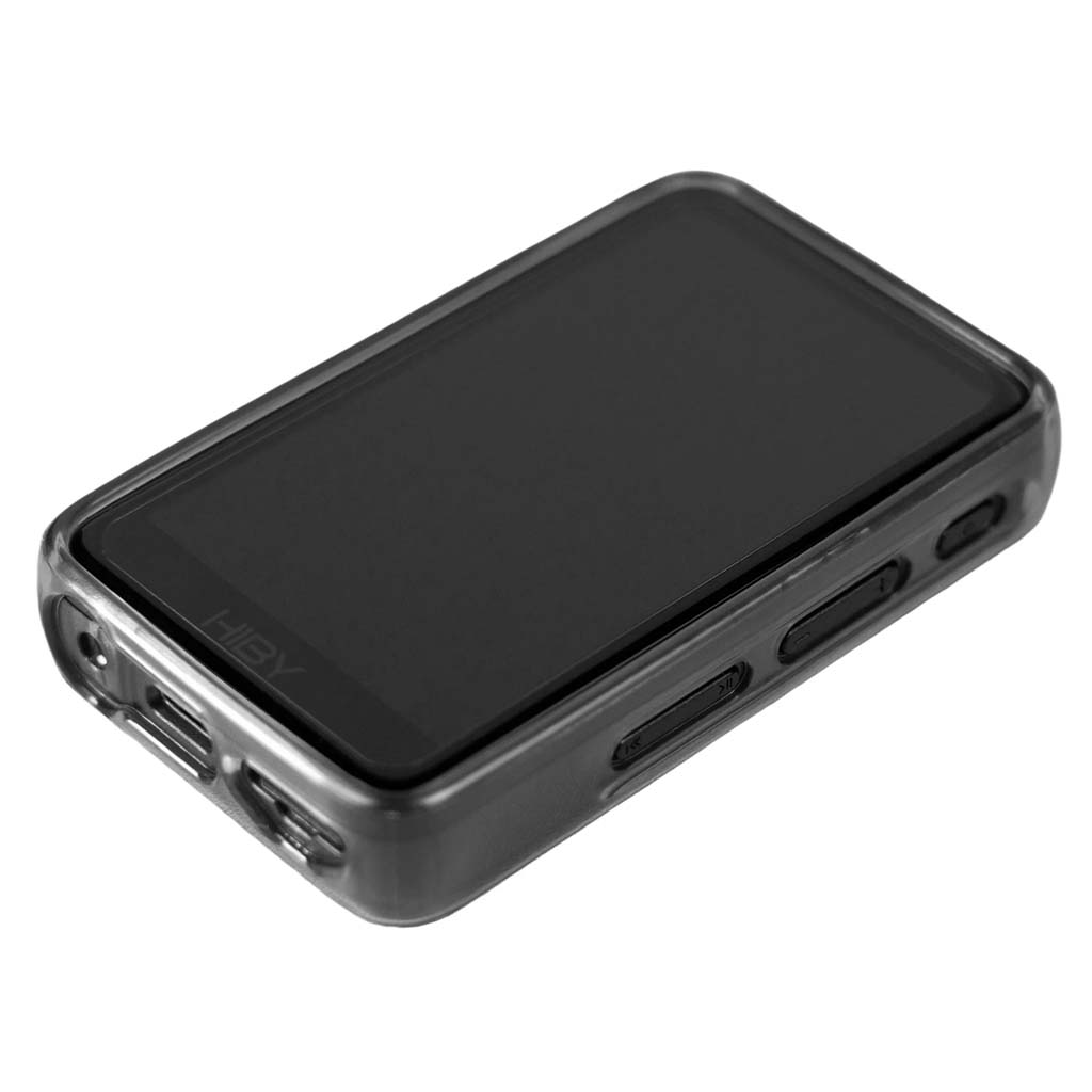 HiBy R1 MP3 Player encased in Transparent Silicone Protective Case, showcasing slim profile and durable TPU material.