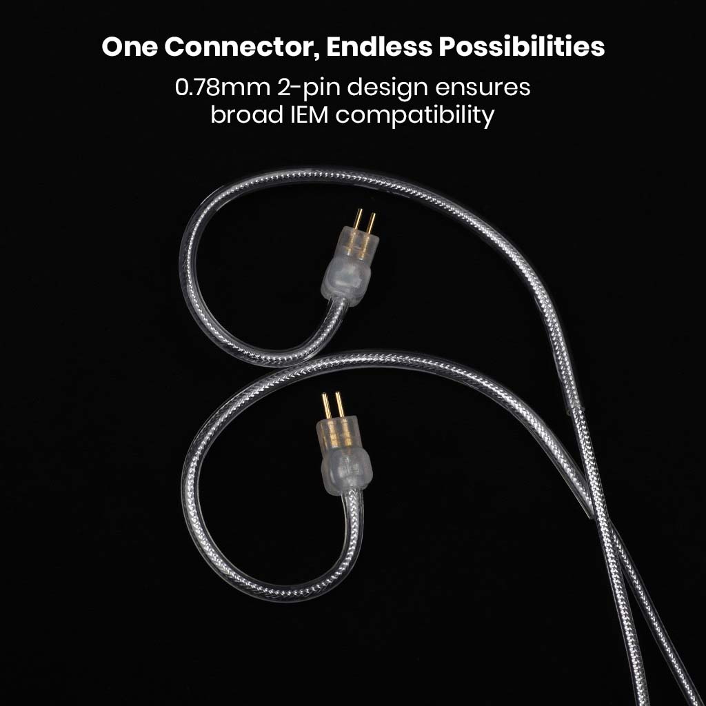 Close-up of Moondrop – Chu 2 Replacement Cable's 0.78mm 2-pin connectors, offering wide compatibility with in-ear monitors and secure fit.