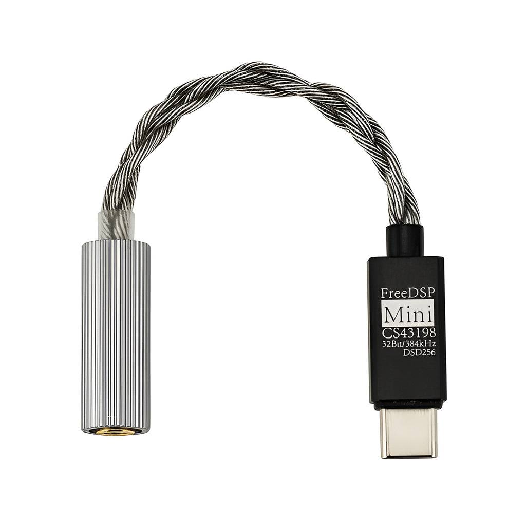 Moondrop FreeDSP Mini USB-C HiFi DAC with CS43198 chip and braided cable, compact headphone amplifier for high-resolution audio output.