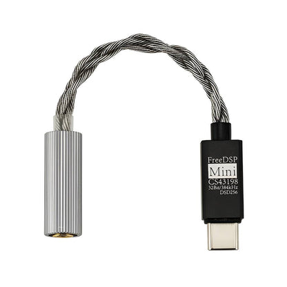 Moondrop FreeDSP Mini USB-C HiFi DAC with CS43198 chip and braided cable, compact headphone amplifier for high-resolution audio output.