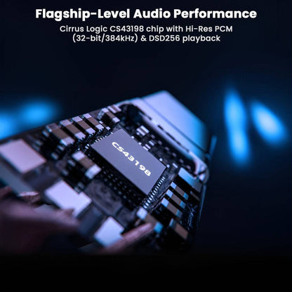 Close-up of CS43198 chip on Moondrop FreeDSP Mini DAC, showcasing flagship-level audio performance with 32-bit/384kHz and DSD256 support.