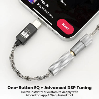 Moondrop FreeDSP Mini DAC connected to smartphone, highlighting one-button EQ and advanced DSP tuning via app and web tool.