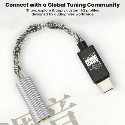 Moondrop FreeDSP Mini USB-C DAC with text promoting global EQ tuning community for audiophiles to share and apply custom sound profiles.