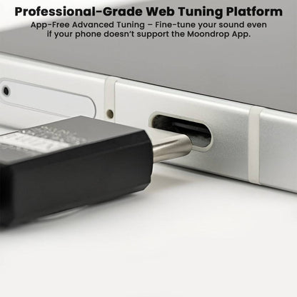 Moondrop FreeDSP Mini DAC plugged into USB-C port, emphasizing professional-grade web tuning platform for advanced audio customization.