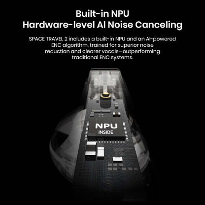 Close-up of MOONDROP Space Travel 2's built-in NPU chip for AI-powered noise canceling, offering superior voice clarity and sound isolation.