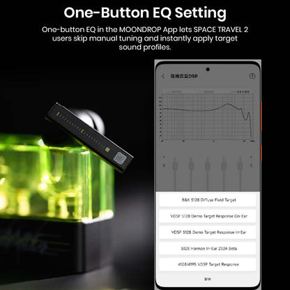MOONDROP app interface showing one-button EQ settings for Space Travel 2 earbuds, allowing quick sound profile customization.