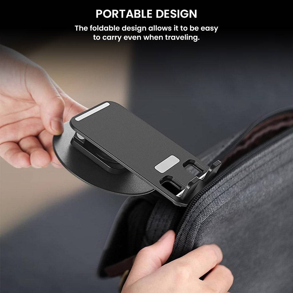 Foldable TECPHILE Snap Mount phone holder easily fits into bags, offering portability for travel and daily use.
