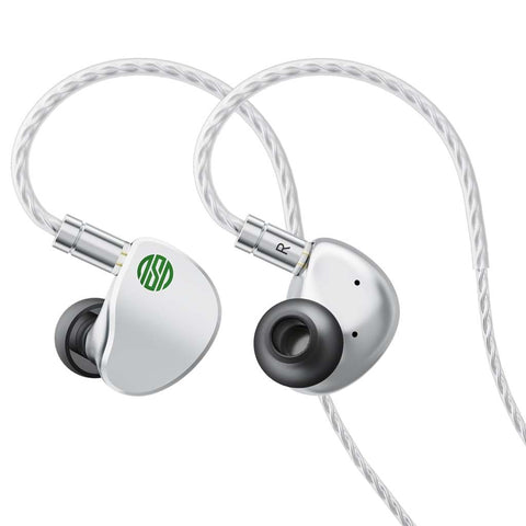 Close-up of Soratune BI02 Dynamic Driver IEM showcasing dual-vented design and right-left channel indicators for precise audio separation.