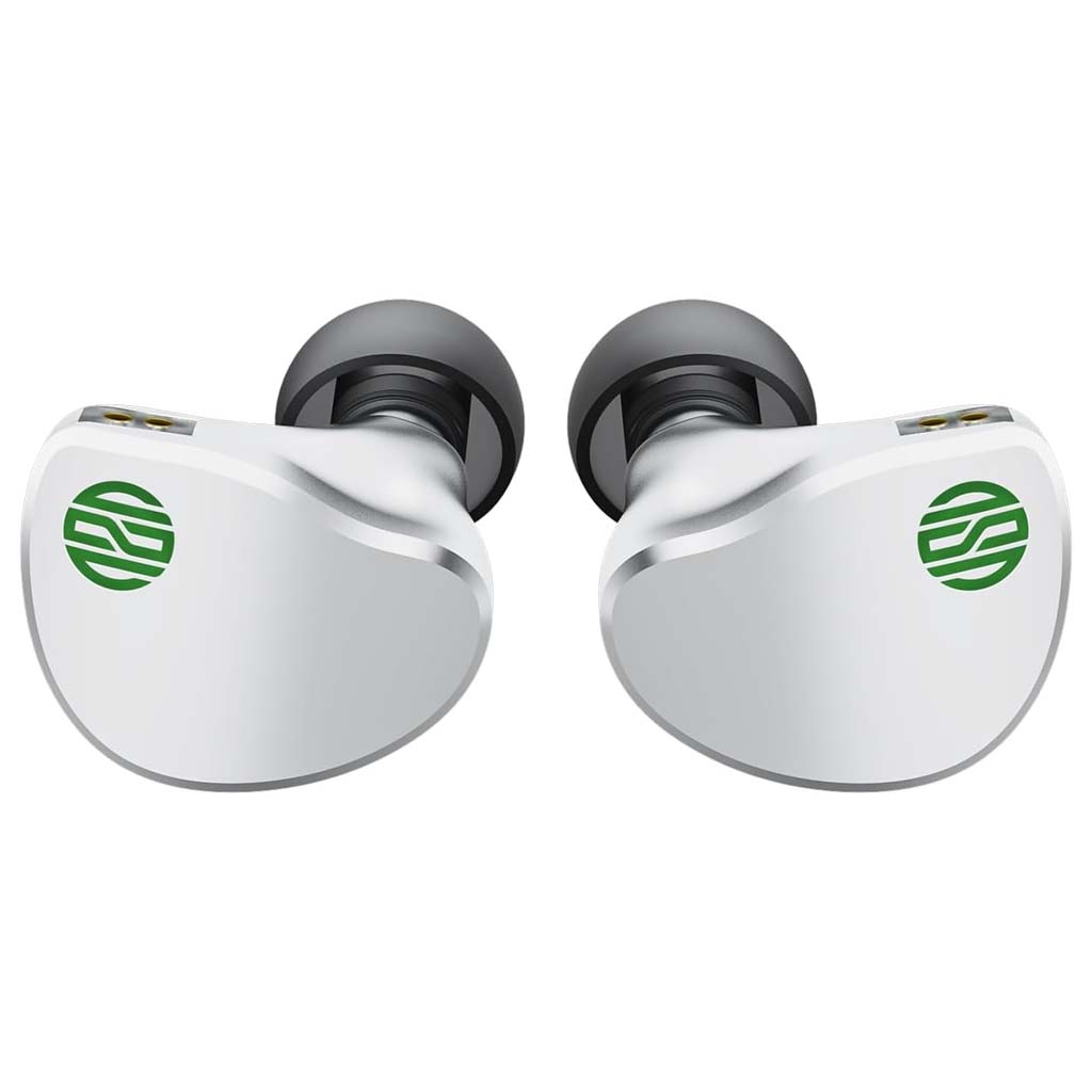Front view of Soratune BI02 IEMs highlighting sleek silver finish and green logo, designed for immersive sound and stylish aesthetics.