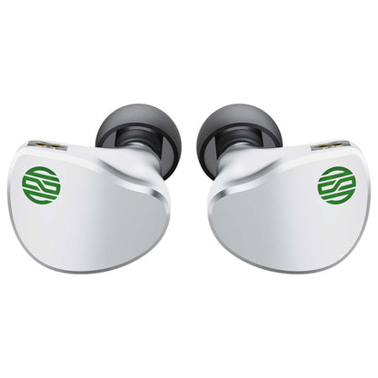 Front view of Soratune BI02 IEMs highlighting sleek silver finish and green logo, designed for immersive sound and stylish aesthetics.
