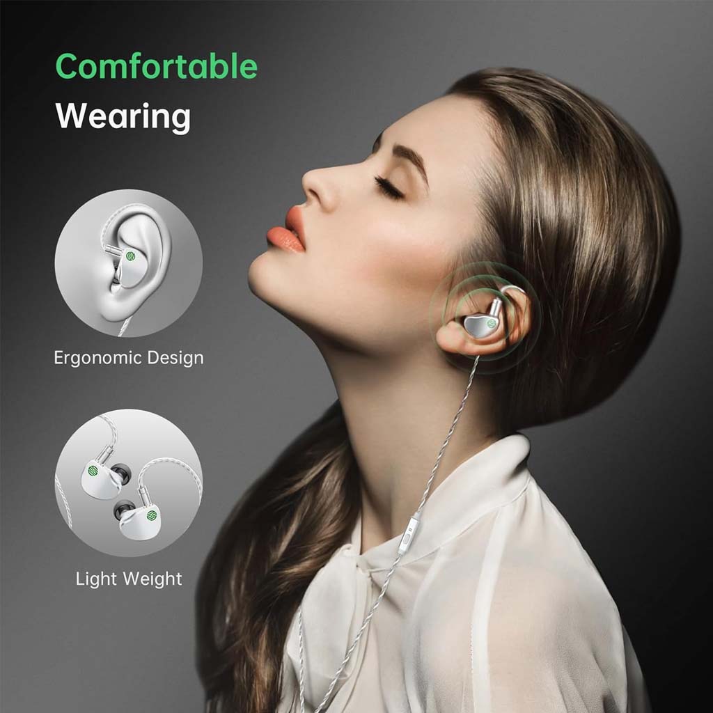 Woman wearing Soratune BI02 IEMs, emphasizing ergonomic design and lightweight build for comfortable long-term listening sessions.