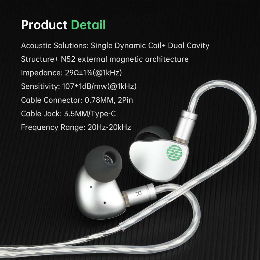 Soratune BI02 IEM product specs showing dynamic coil, N52 magnets, 0.78mm cable connector, and 20Hz–20kHz frequency range.