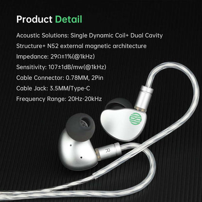 Soratune BI02 IEM product specs showing dynamic coil, N52 magnets, 0.78mm cable connector, and 20Hz–20kHz frequency range.