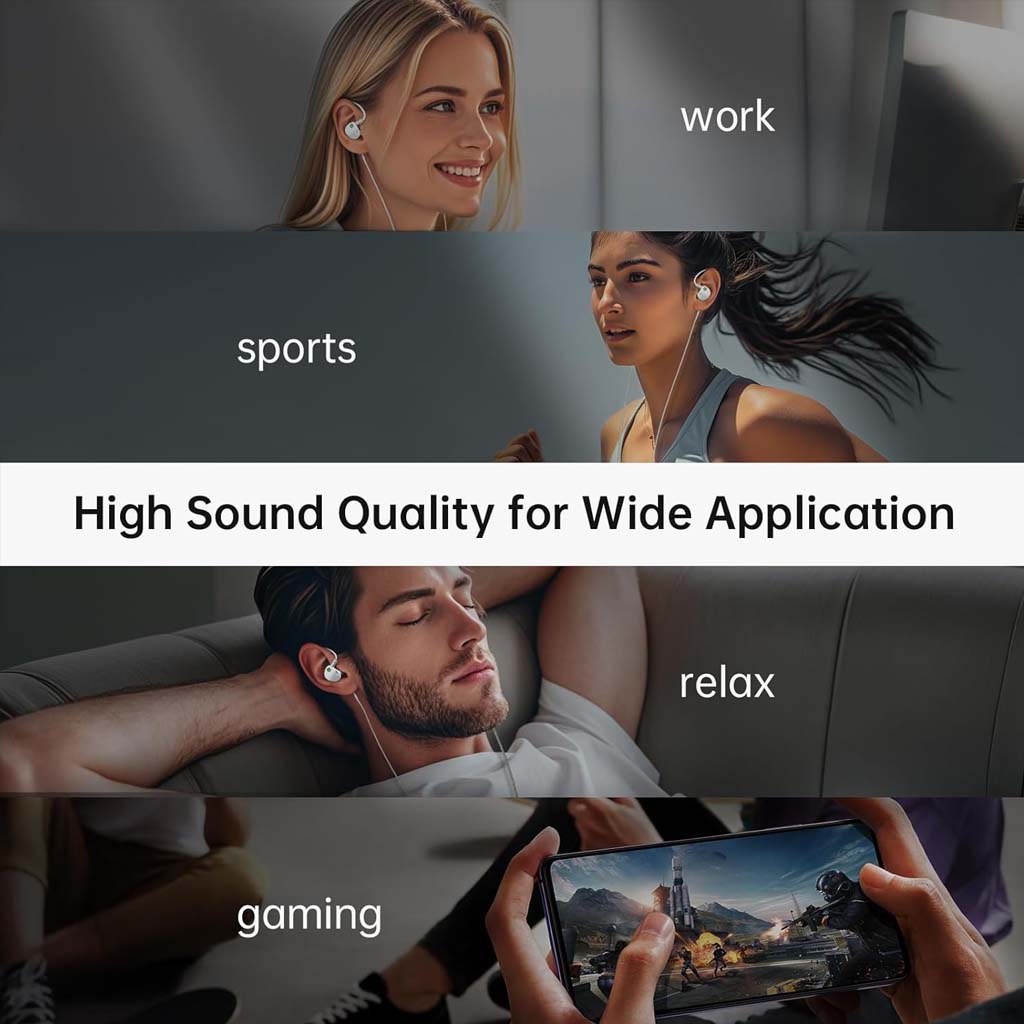 Soratune BI02 IEMs used in various scenarios like work, sports, relaxation, and gaming, highlighting their versatile sound quality.