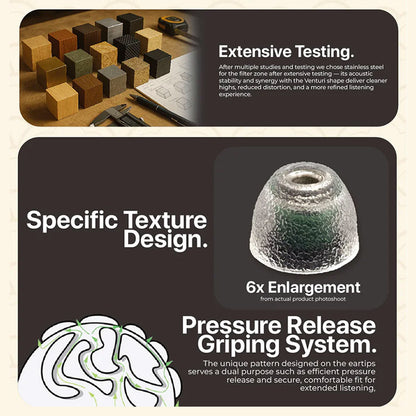 TANGZU Tang Sancai Eartips infographic showing pressure release grip system and textured surface for secure IEM fit.
