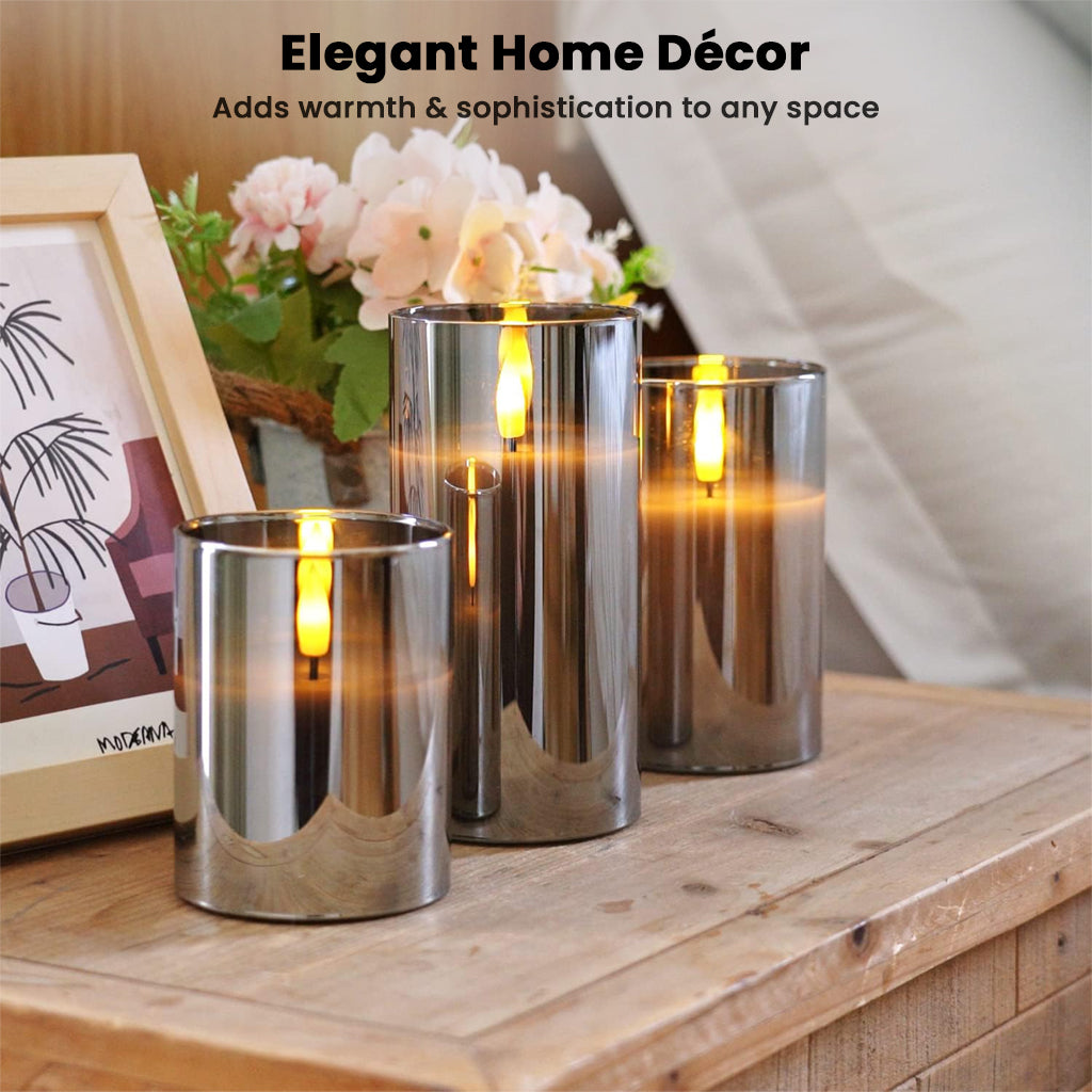 TECPHILE Flameless LED Smart Candle Lights Pack of 3 placed on a wooden table, offering elegant home decor with soft ambient lighting.
