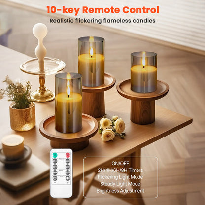 TECPHILE Flameless LED Smart Candle Lights Pack of 3 with 10-key remote, timer settings, and adjustable brightness for versatile decorative lighting.