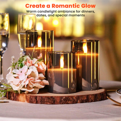 TECPHILE Flameless LED Smart Candle Lights Pack of 3 creating a romantic glow, ideal for date nights, weddings, and special moments.