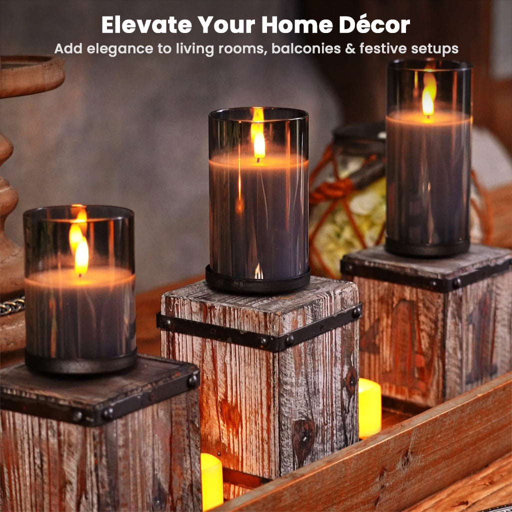 TECPHILE Flameless LED Smart Candle Lights Pack of 3 enhancing home decor with rustic wooden stands, perfect for festive and cozy settings.