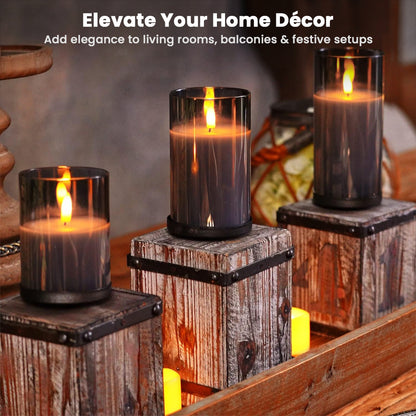 TECPHILE Flameless LED Smart Candle Lights Pack of 3 enhancing home decor with rustic wooden stands, perfect for festive and cozy settings.