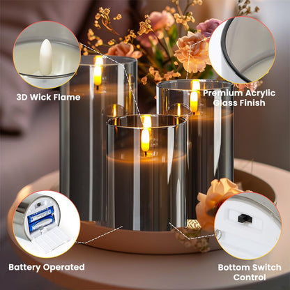 TECPHILE Flameless LED Smart Candle Lights Pack of 3 with 3D wick flame, acrylic glass finish, and battery operation for elegant decor lighting.
