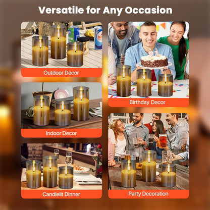 TECPHILE Flameless LED Smart Candle Lights Pack of 3 shown in various settings like birthdays, parties, and dinners, ideal for any occasion.