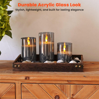 TECPHILE Flameless LED Smart Candle Lights Pack of 3 displayed on a wooden tray with stones, showcasing durable acrylic glass design.