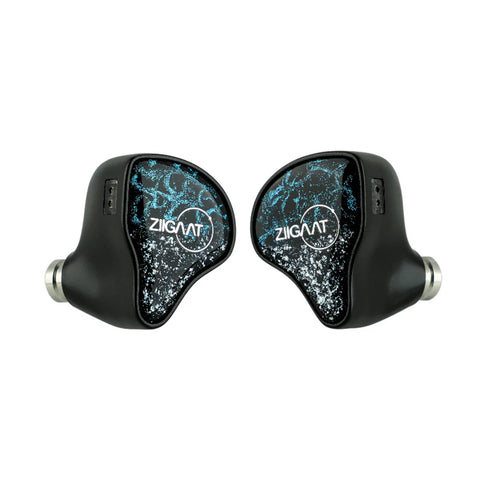 ZiiGaat x Hangout Audio Odyssey 2 hybrid IEMs with black shells and blue-silver faceplates, designed for audiophiles seeking premium sound.