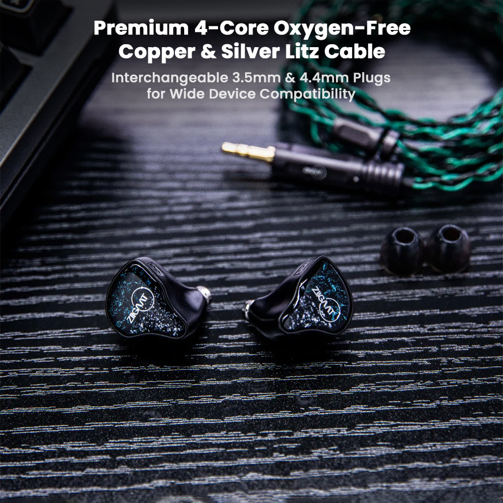 Odyssey 2 IEMs with 4-core oxygen-free copper and silver Litz cable, featuring interchangeable 3.5mm and 4.4mm plugs for versatile connectivity.