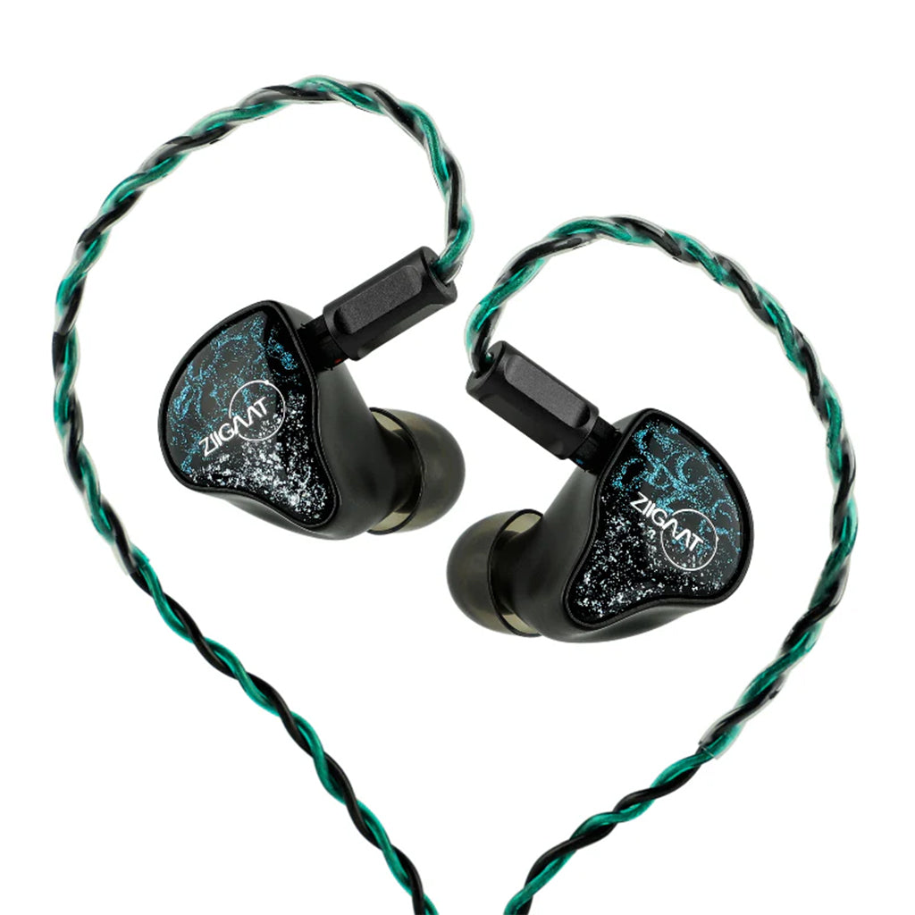 ZiiGaat x Hangout Audio Odyssey 2 IEMs with braided green-black cable shaped in a heart, showcasing stylish design and audiophile-grade build.