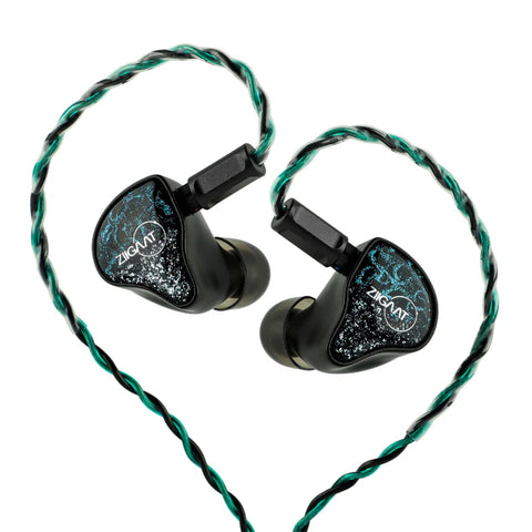 ZiiGaat x Hangout Audio Odyssey 2 IEMs with braided green-black cable shaped in a heart, showcasing stylish design and audiophile-grade build.