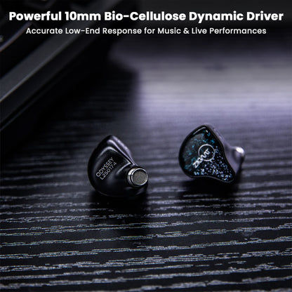 Odyssey 2 IEMs featuring 10mm bio-cellulose dynamic driver for deep bass and accurate low-end response, ideal for music and live performances.