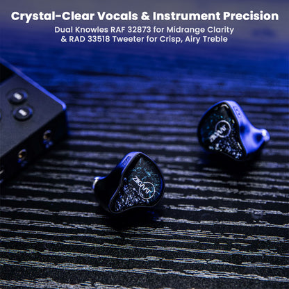 Odyssey 2 IEMs with dual Knowles drivers for midrange clarity and crisp treble, delivering precise vocals and instrument separation for audiophiles.
