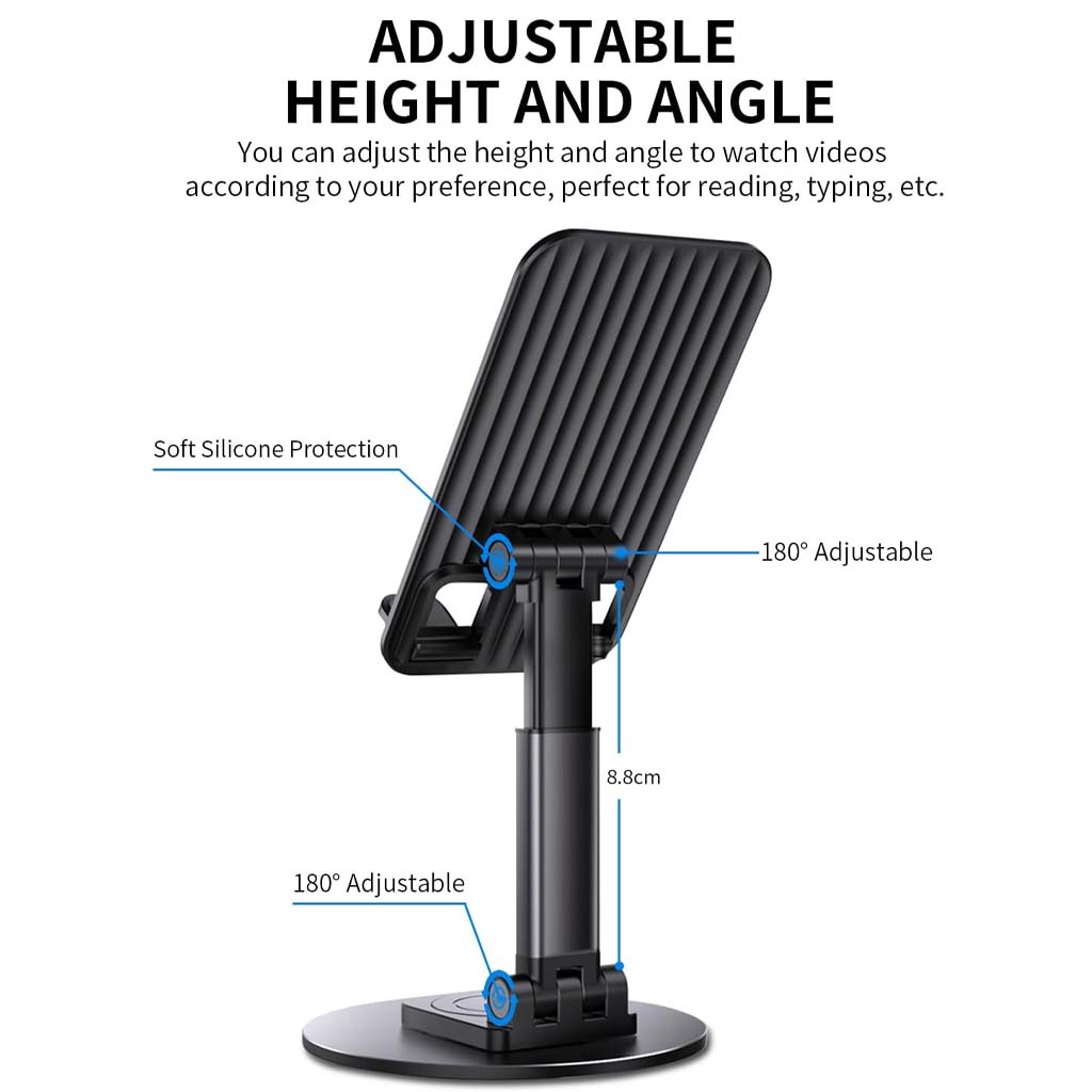 TECPHILE Aerogrip mobile holder with adjustable height and 180° tilt angle, featuring soft silicone protection for secure grip.