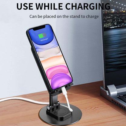 TECPHILE Aerogrip phone stand in use while charging a smartphone, ideal for desks and multitasking setups.