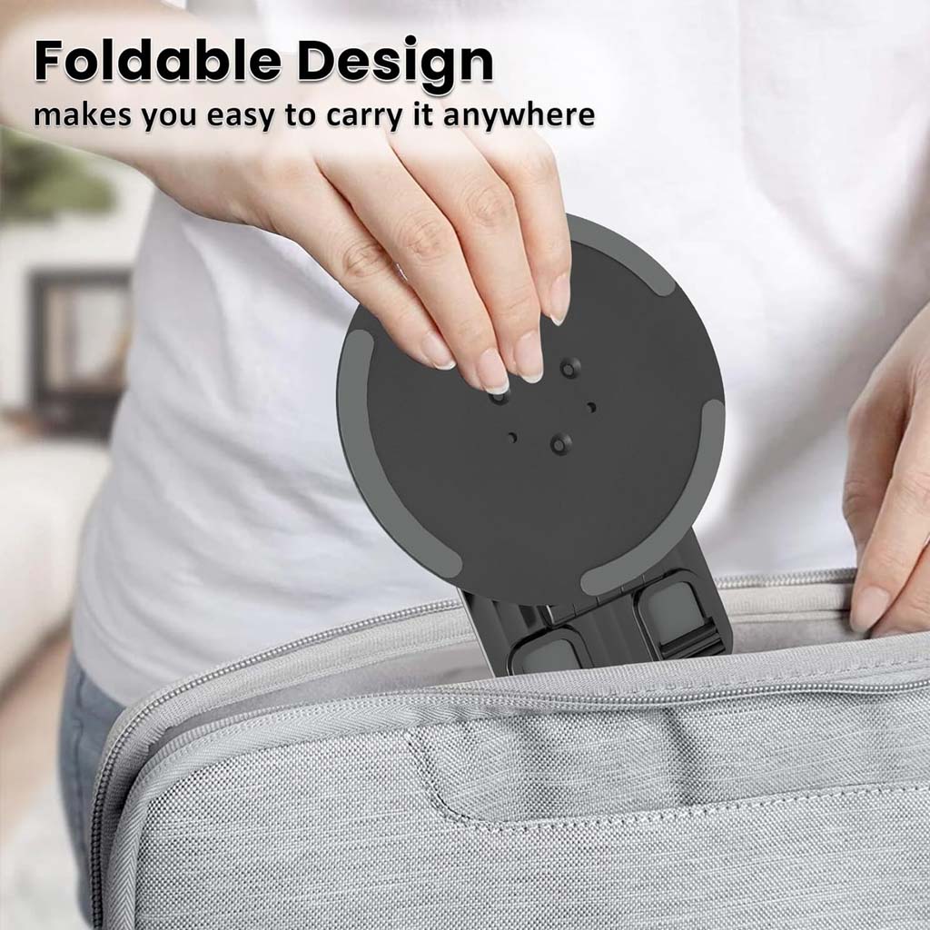 Foldable TECPHILE Aerogrip phone stand easily fits into bags, making it ideal for travel and portability.