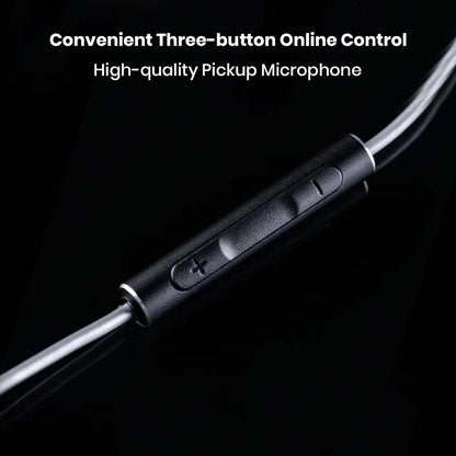 Close-up of MOONDROP Chu 2 DSP cable's three-button inline control with microphone, offering convenient audio and call management.