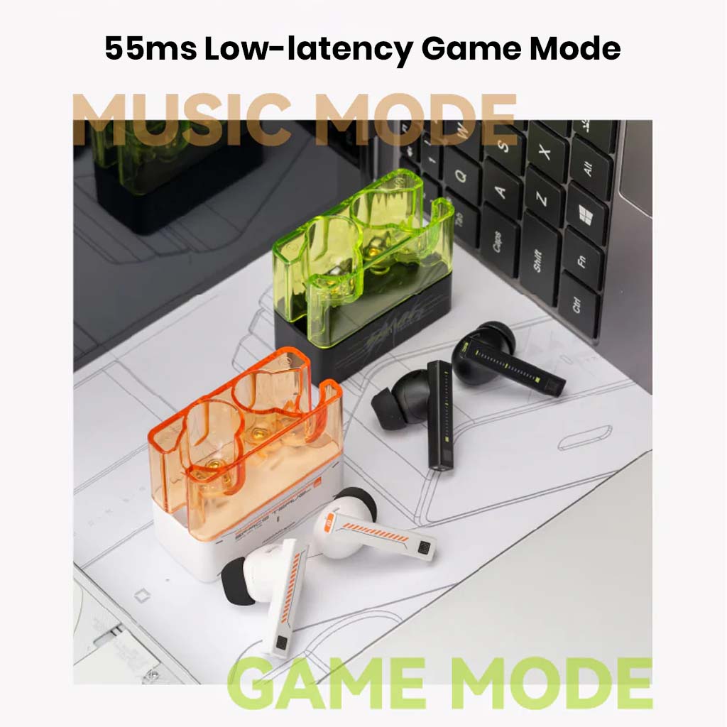 MOONDROP Space Travel 2 earbuds in white and black with orange and green cases, highlighting 55ms low-latency game mode for smooth audio.